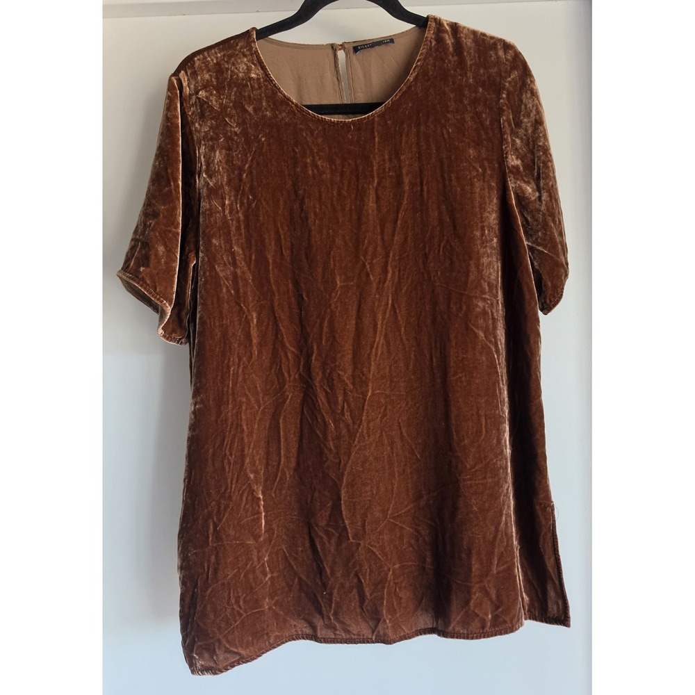 Eileen Fisher Brown Velvet Top Size M Solid Round Neck Short Sleeve Blouse